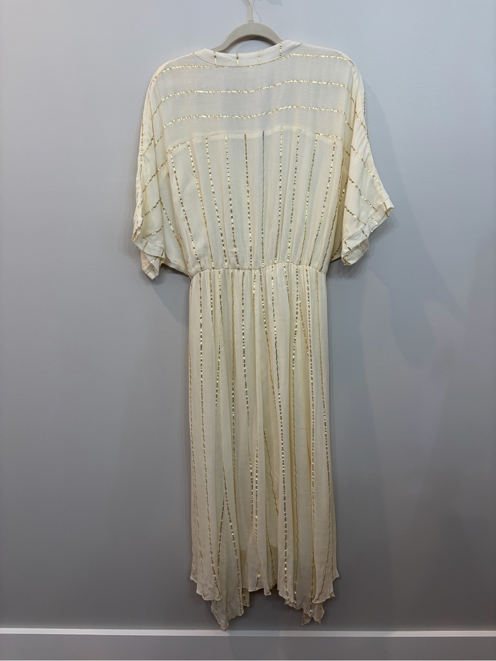 En Crème Sabrina Lurex Kimono Maxi Dress Cream Gold Stripes Asymmetrical Hem L - Picture 6 of 13